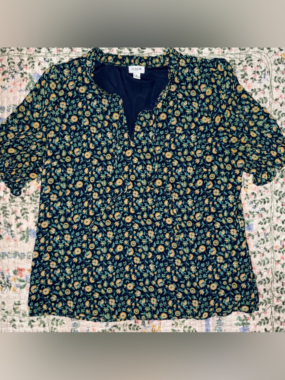 J. Crew Navy Floral Split V-Neck Blouse with Yellow and Green Accents
